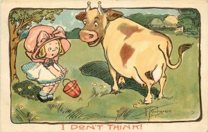 c1909 Postcard A/S Wiedersheim Drayton Girl w Tiny Milk Pail, Cow-I Don't Think!