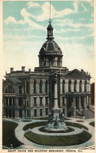 Vintage Postcard 1920s Court House Building & Soldier's Monument Peoria Illinois