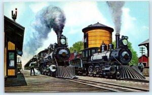 KATY STEAM RAILROAD TRAINS at Depot ~ Howard Fogg Painting 1970 Postcard