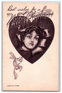 E B Scofield Artist Signed Postcard Christmas Pretty Woman Heart Mistletoe