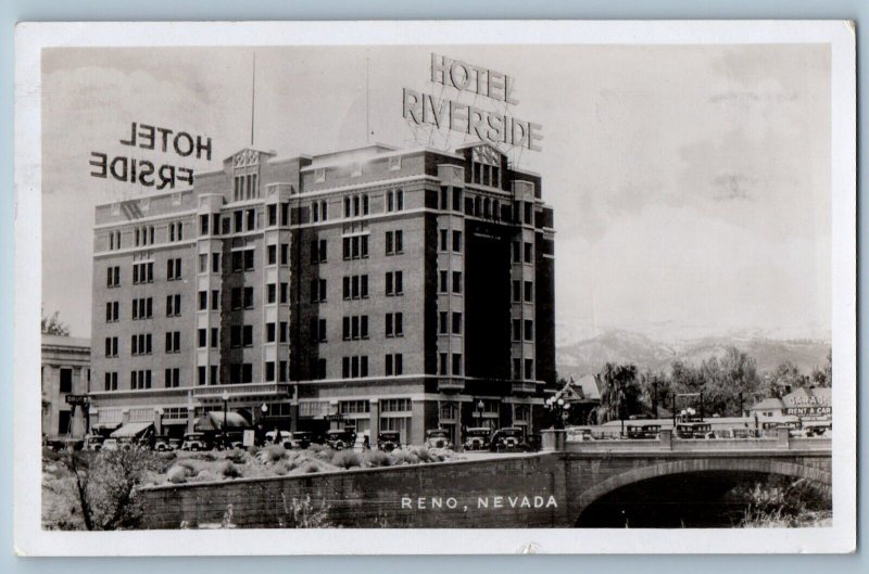 Reno Nevada Postcard Hotel Riverside Exterior Building c1936 RPPC Photo Vintage