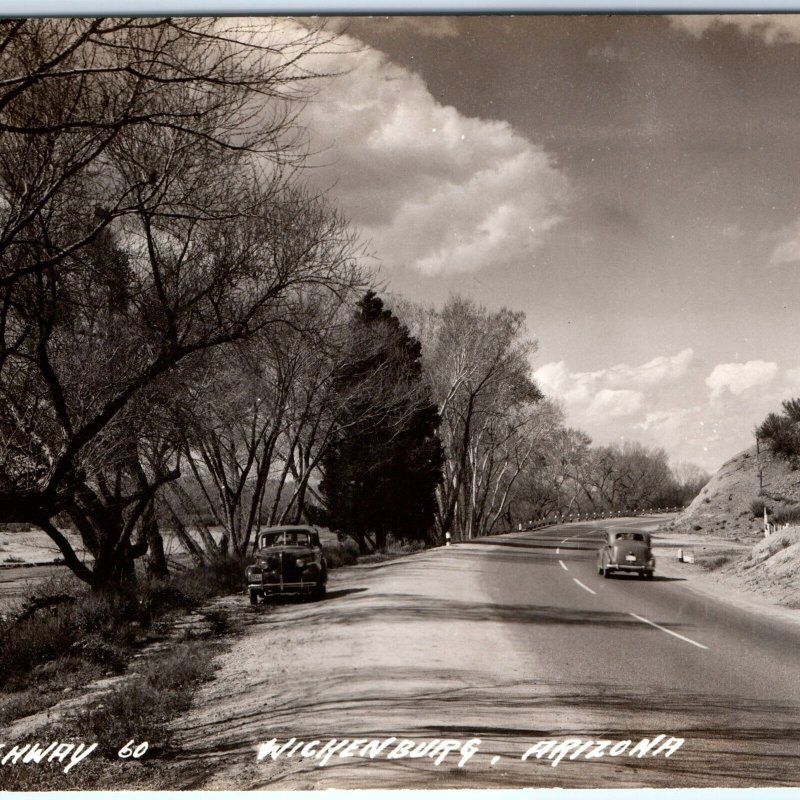 c1940s Wickenburg, AZ RPPC Highway 60 Road Street View Cars Real Photo PC A113