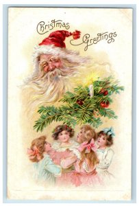 c1910 Christmas Santa Whimsical Fantasy Children Tree Candle Embossed Postcard 