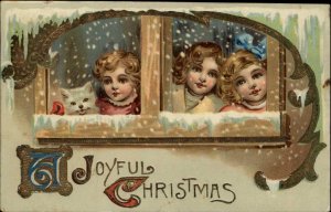 Christmas Cute Kids Children and Kitty Cat Look Out Window c1910 Gel Postcard