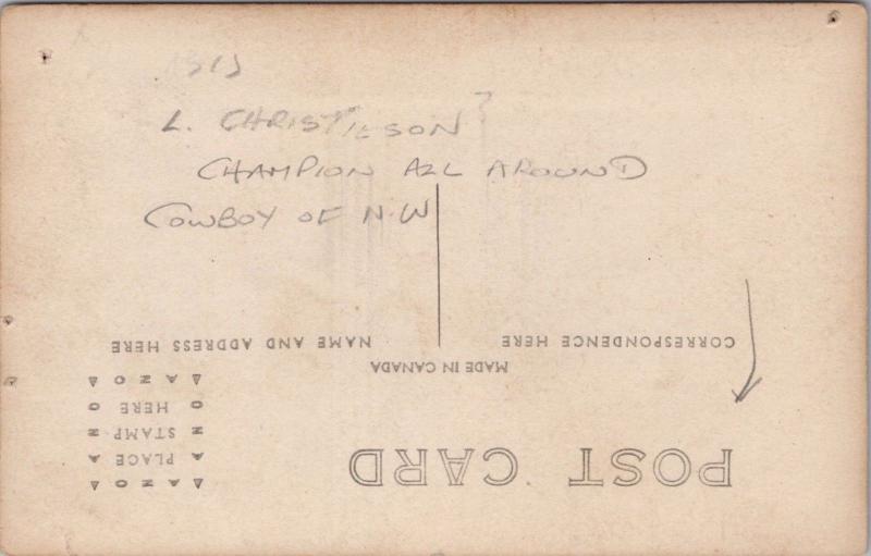 Cowboys on Horses L. Christieson ?? Rodeo Champion of NW Postcard E24 *As Is