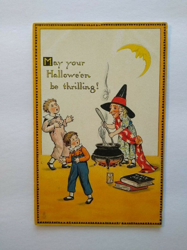 Tucks Halloween Postcard Witch Cauldron Black Arts Crescent Moon 190 Unused 