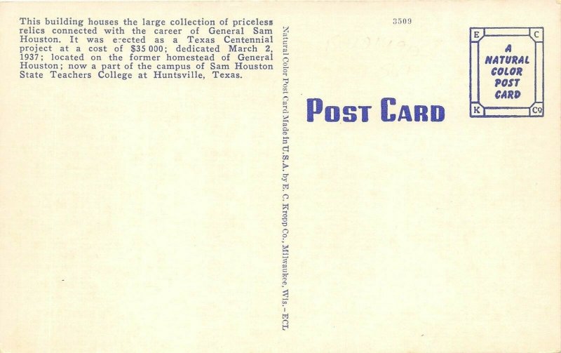 Huntsville Texas 1940s Postcard General Sam Houston Memorial Museum