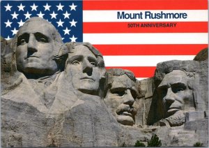 Postcard SD patriotic - 50th Anniversary Mount Rushmore US Flag background