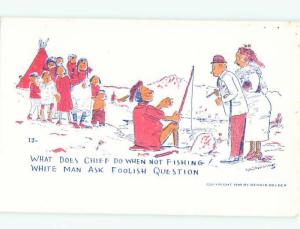 1950's Comic signed NATIVE INDIAN MAN FISHING AC6493