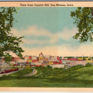 c1940s Des Moines, IA Birds Eye Capitol Hill Linen Railway Train Car Yard A329