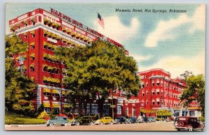 Hot Springs Arkansas~Majestic Hotel Street View~US Flag~Vintage Linen Postcard