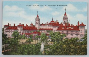 St Augustine Florida~Hotel Ponce de Leon~Fountain~Linen Vintage Postcard 