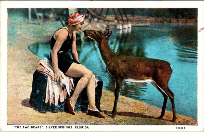 Silver Springs, FL Florida  THE TWO DEARS Bathing Beauty & Deer ca1920s Postcard