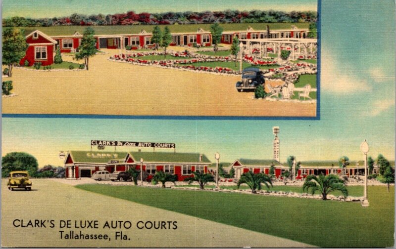 Linen Postcard Clark's De Luxe Auto Courts in Tallahassee, Florida