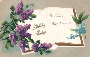 Vintage Postcard 1910 Happy Birthday Greetings Card Open Book Purple Flowers