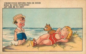 Humor comic caricature postcard children at beach hat sun dog Belgium