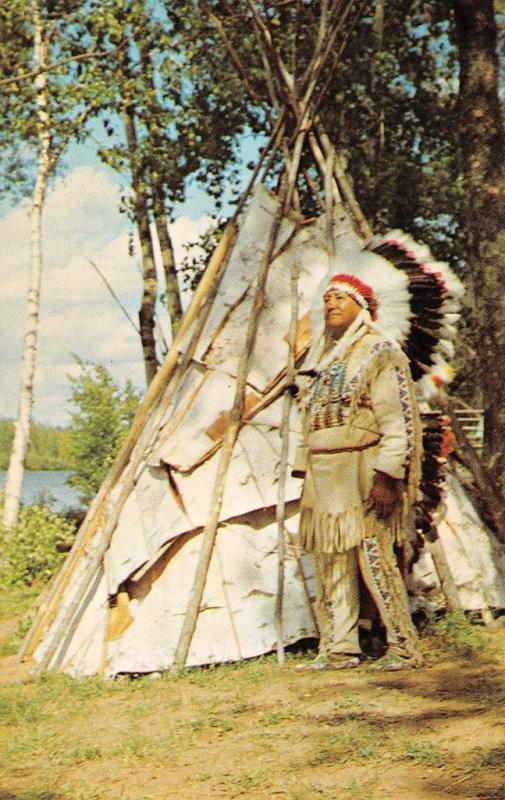 Native Americana    INDIAN CHIEF in TRIBAL DRESS & TEPEE    Chrome Postcard