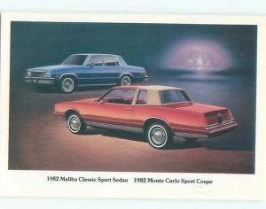 1982 Postcard Ad CHEVROLET MALIBU CLASSIC & MONTE CARLO SPORT CARS AC6182@