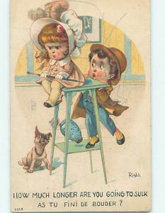 Pencil Mark Damage 1920 signed DOG WATCHES SULKING GIRL SIT ON TABLE STAND J4918