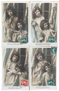 Serie 4 vintage postcards children topic lovely girls sisters pray portrait 