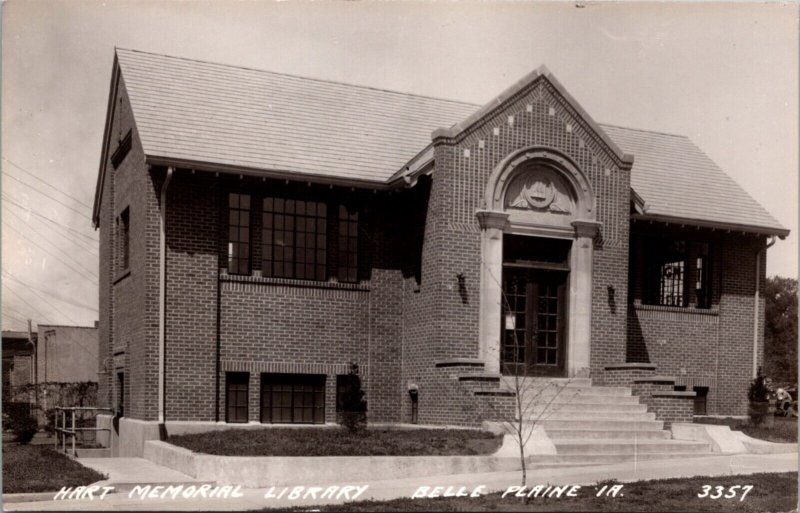 Real Photo Postcard Hart Memorial Library in Belle Plaine, Iowa