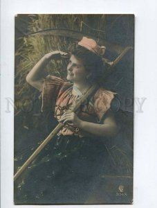 3051130 RURAL Type Female w/ Scythe old PHOTO Tinted RPPC