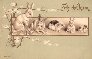 Easter Greetings Rabbits Flowers Tree embossed vintage postcard C317