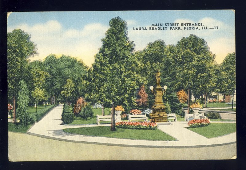 Peoria, Illinois/IL Postcard, Main Street Entrance, Laura Bradley Park