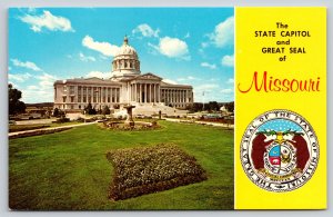 Jefferson City MO~Great Seal & State Capitol Bldg~Domed Structure~Vintage PC
