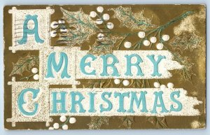 Christmas Large Letters And Mistletoe Glitter Embossed Minneapolis MN Postcard