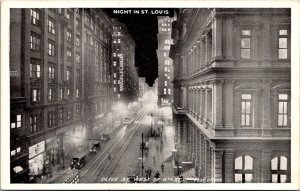 Night In St Louis MO, Olive St West of 8th Post Office Vintage Postcard Q70