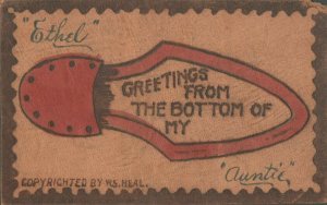 Vintage 1908 Leather Postcard - Greetings From the Bottom of My Soul - Shoe Sole