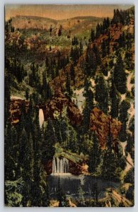 Glenwood Springs Colorado~Hanging Lake Park~Panorama View~Falls~Linen Postcard