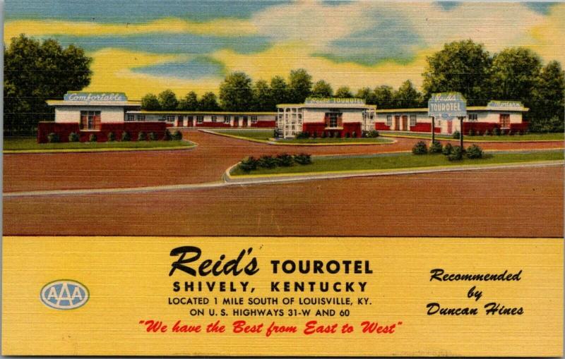 Shively Kentucky~Reid's Tourotel~Art Deco Roadside Motel~1949 Linen Postcard 