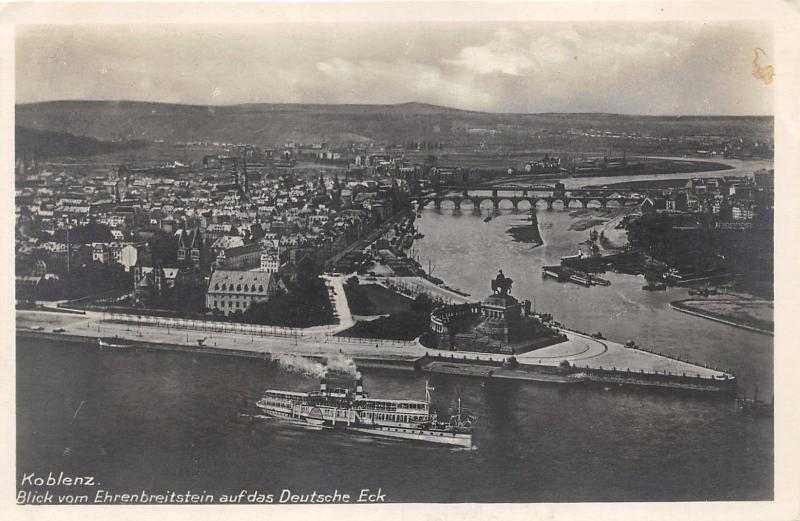 Koblenz Germany~View from Ehrenbreitstein Across Rhine~Ship~Vintage RPPC