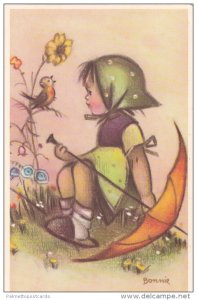 BONNIE: Girl in Grass w/ Umbrella Watching Robin Singing on Flower