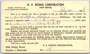 1954 N.P. Dodge Corporation First Notice Omaha Nebraska Letter Posted Postcard