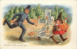 Whitney Embossed Halloween Postcard; Policeman Chasing Children in Costume w/JOL