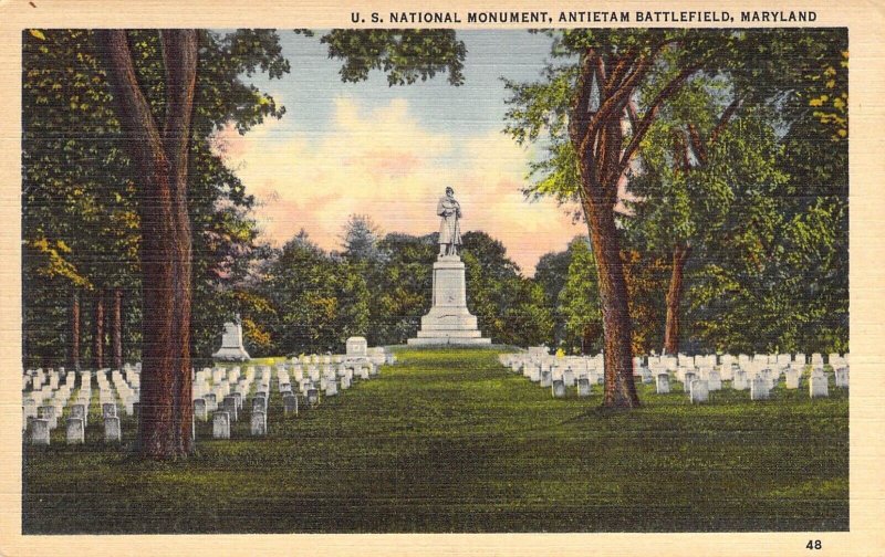 Linen Era, Civil War,  Monument, Antietam Battlefield, Maryland, Old Postcard
