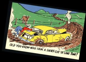 Postcard-Comic Highway Short Cut Save Time Mud Cow