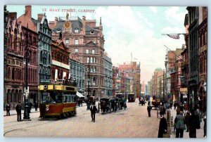 Wales Postcard St. Mary Street Cardiff Trolley Car c1910 Antique Unposted