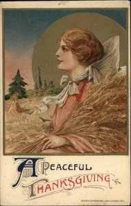 Thanksgiving Beautiful Woman Wheat Gold Sun Winsch Schmucker 1911 Postcard