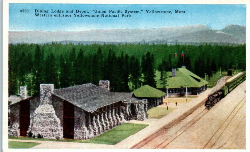 1920s Union Pacific System Dining Lodge and Depot West Yellowstone MT Postcard