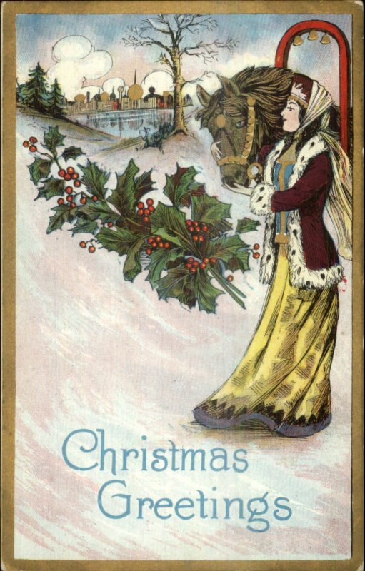 Art Deco Christmas - Beautiful Medieval Woman & Horse c1910 Postcard 