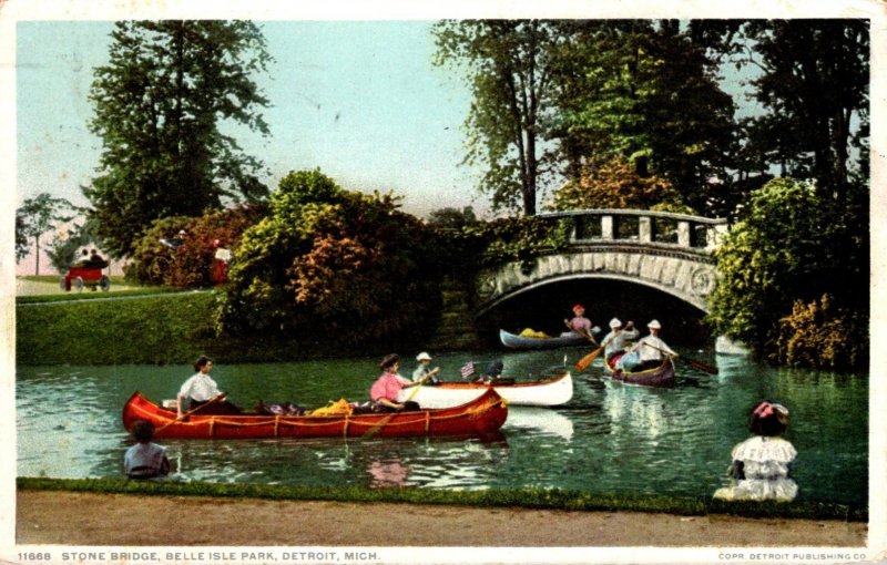 Michigan Detroit Belle Isle Park Canoeing At Stone Bridge 1916 Detroit Publis...