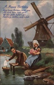 Tuck Birthday Little Hollanders Dutch Girl and Boy Toy Boat c1910 Postcard