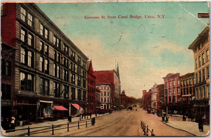 Postcard NY Utica Genesse Street from Canal Bridge