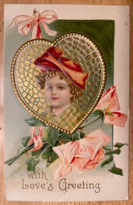 Vintage Victorian Postcard 1910 With Love's Greeting - Woman with Pink Roses