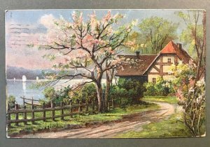 1907 Summer Cottage Wood Fence Flowering Trees Lake Embossed Postcard 2t3-497