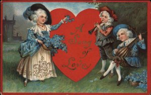 Victorian Valentine Boys Play Lute and Horn for Young Girl c1910 Postcard